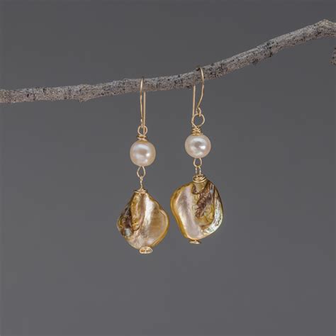 Freshwater Pearl And Shell Dangle Earrings 14k Gold Filled Earrings