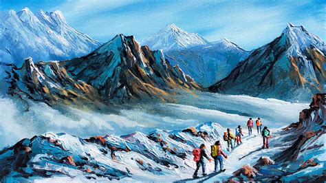 Snowy Mountain Trekkers Acrylic Landscape Painting Tutorial How To