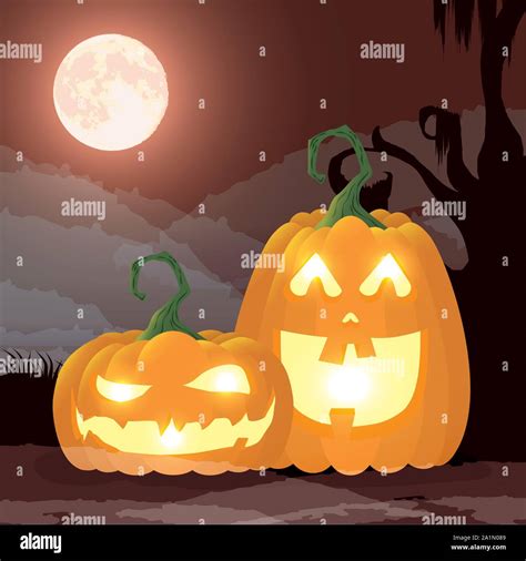 halloween dark night scene with pumpkins stock vector image and art alamy