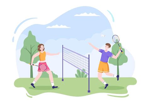 Badminton Player With Shuttle On Court In Flat Style Cartoon