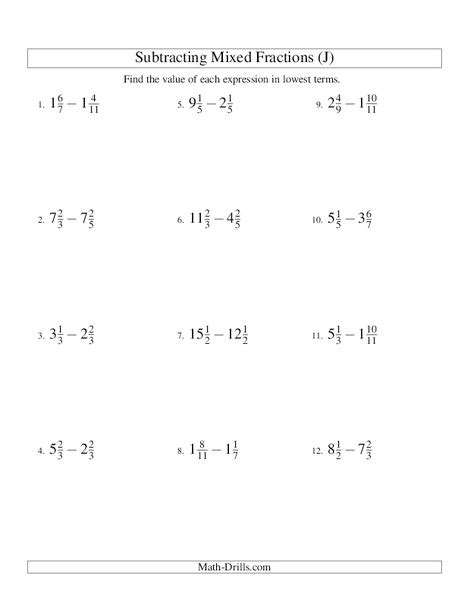 Subtracting Mixed Numbers Worksheet Tes