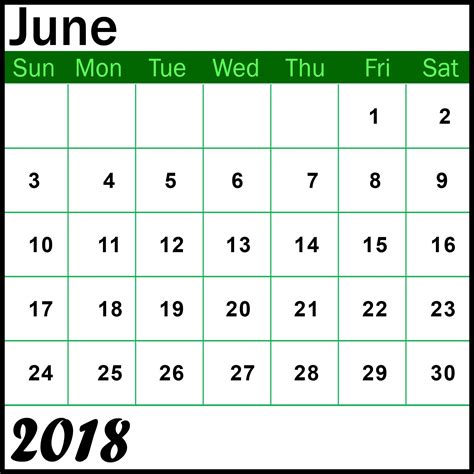 June 2018 Calendar Printable Printable June 2018 Calendar