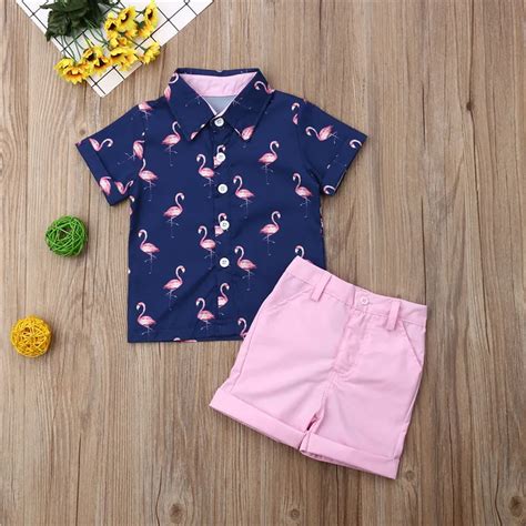 2pcs Handsome Toddler Kids Baby Boys Clothes Sets Flamingo Shirts Tops