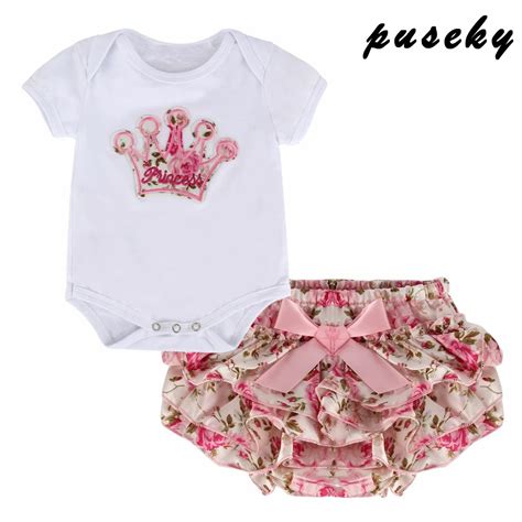 Puseky 2pcs Crown Infant Baby Girl Clothing Set Bodysuit Short Summer