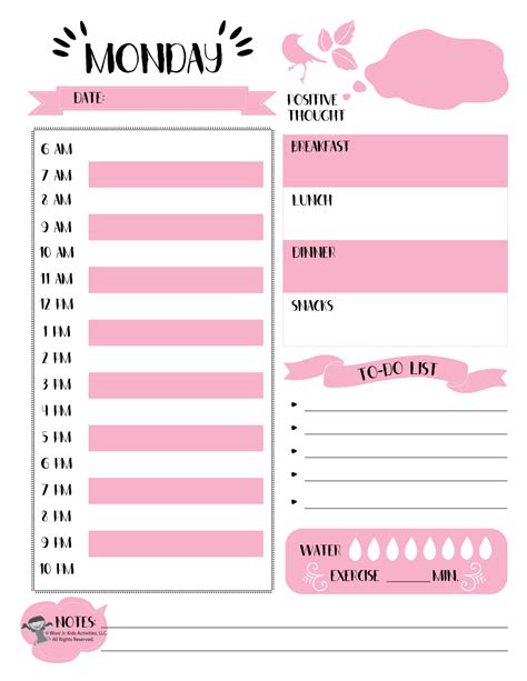 Monday Pink Daily Planner Page Woo Jr Kids Activities Children