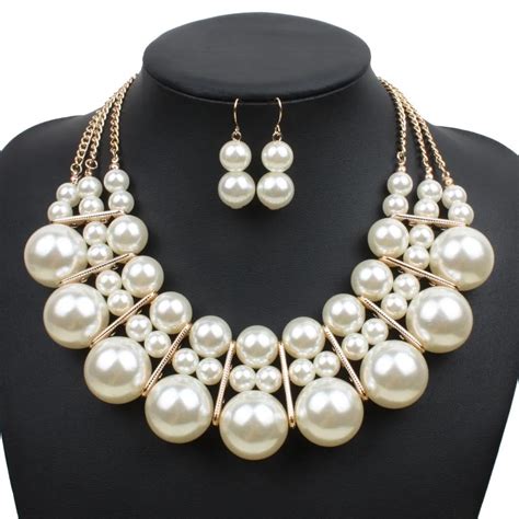 maxi wide multi layer necklace imitation pearl jewelry sets for women wedding gold earrings big