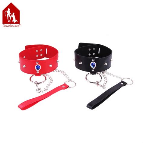 Davidsource Jeweled Rivet Leather Collar With Metal Chian Rope Slave