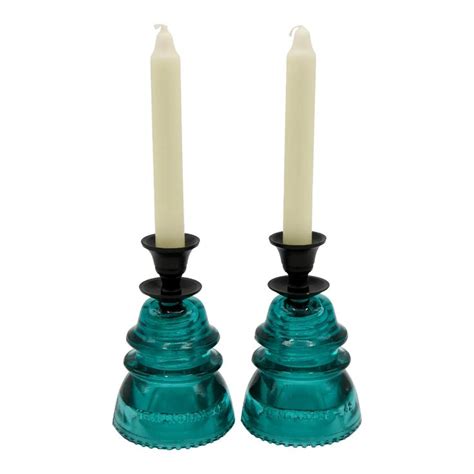 Antique Industrial Modern Aqua Blue Glass Insulator Candle Holders A