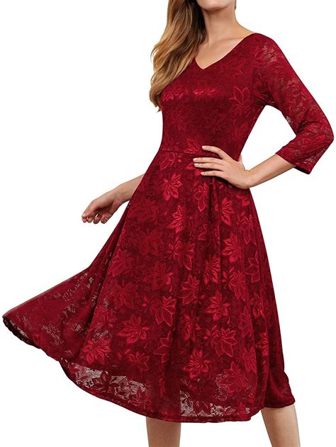 Noctflos Womens 34 Sleeves Lace Fit And Flare Midi Cocktail Dress For