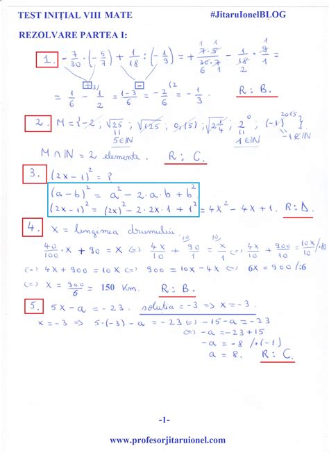 Test Initial Matematica Clasa A 8 A Rezolvare Barem De Corectare Si