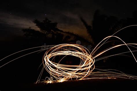 Light Painting With Steel Wool Pyrotechnic Display At Night Stock