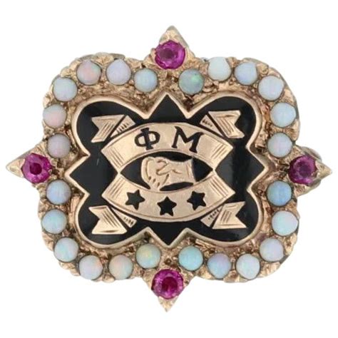 Phi Mu Badge 10k Yellow Gold Opals Rubies Sorority Pin Vintage Greek