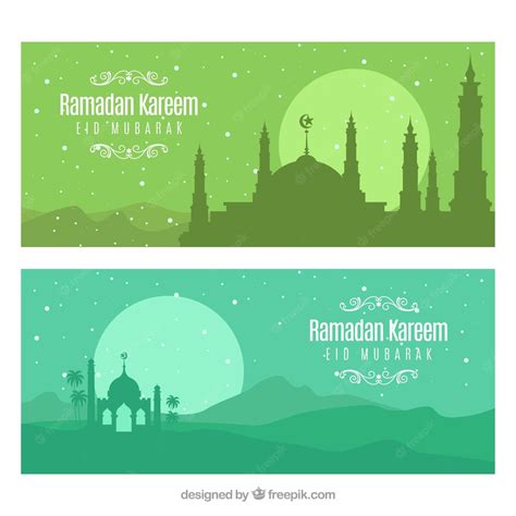 Free Vector Set Of Ramadan Banners With Mosques Silhouettes In Flat Style