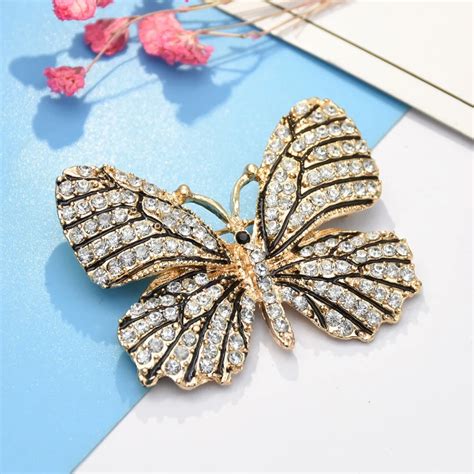 Classic Vintage Cute Rhinestone Butterfly Brooches Metal Gold Insect