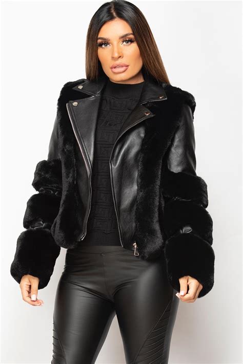 Womens Black Faux Leather Biker Jacket With Faux Fur Uk