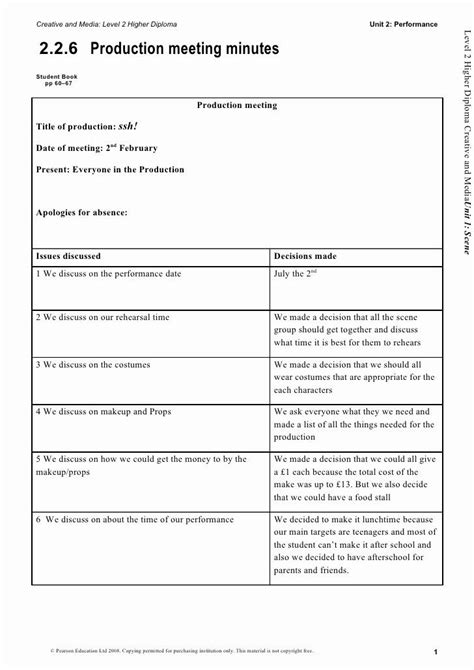 Minute Of The Meeting Format Best Of 2 2 6 Production Meeting Minutes