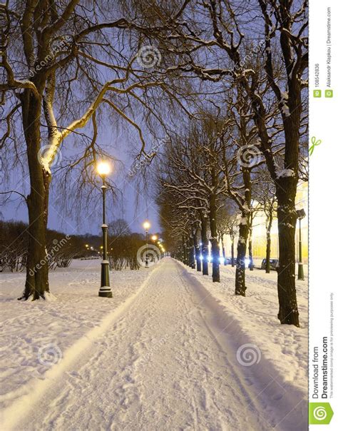 Street Covered With Snow By Night Stock Photo Image Of Year Light