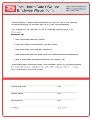 Offering health insurance as an employee benefit is generally one of the simplest but most effective steps you can take to reward and attract talent. Printable employee medical waiver form - Edit, Fill Out ...