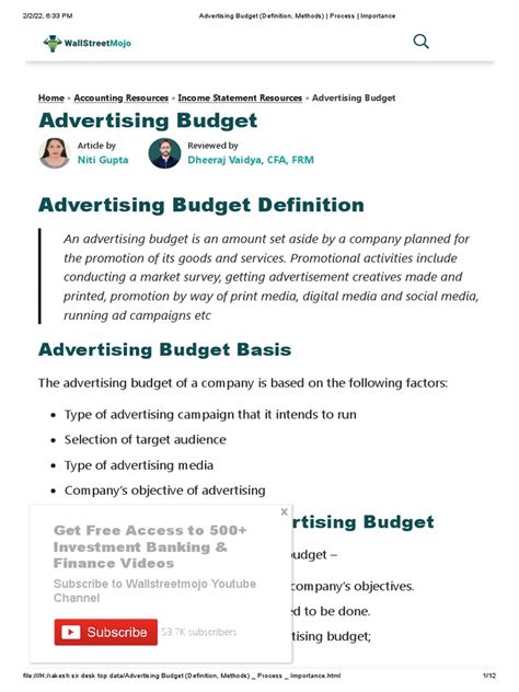 advertising budget definition methods process importance pdf advertising budget