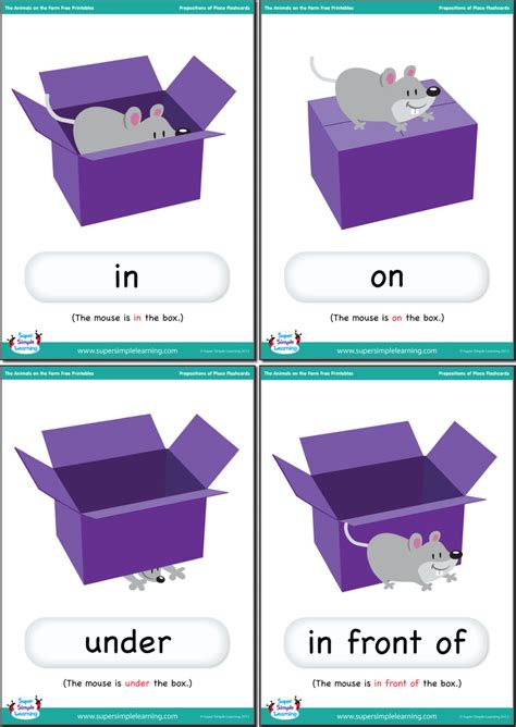 Learn english preposition pictures with example sentences, videos and esl worksheets. Prepositions Of Place Flashcards - Animals On The Farm ...