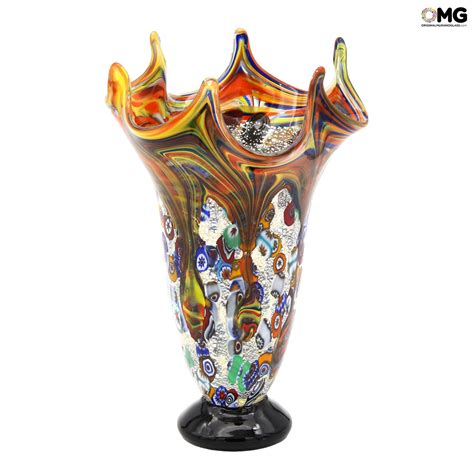 Vases Blown Collection Geranium Multicolor Vase Murano Glass Millefiori And Silver