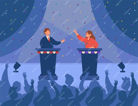 Счастливые мужчины и женщины политики приветствуют друг друга на сцене спикеры стоящие на