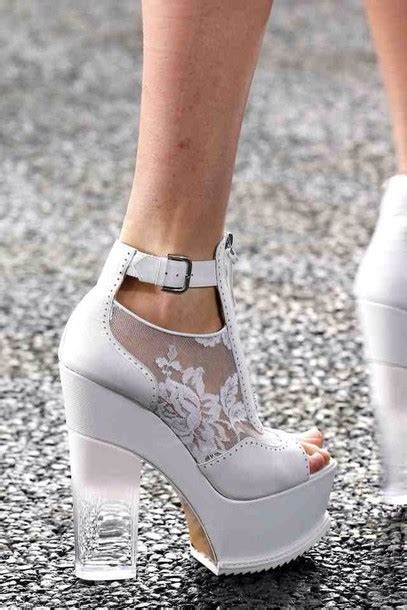 Shoes White Ankle Strap Wedges Peep Toe Lace Heels Cute Girly