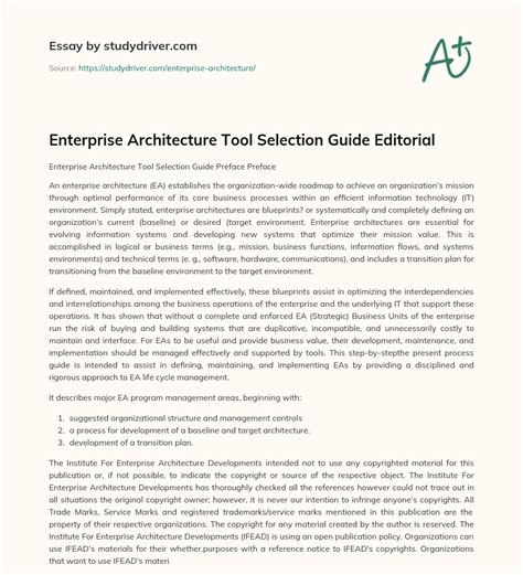 Enterprise Architecture Tool Selection Guide Editorial Free Essay