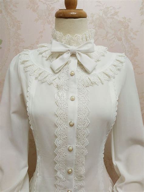 Classic Lolita Blouses Lace Trim Puff Sleeve Chiffon Frills Bows White