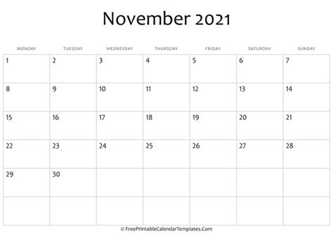 Fillable November Calendar 2021 Horizontal