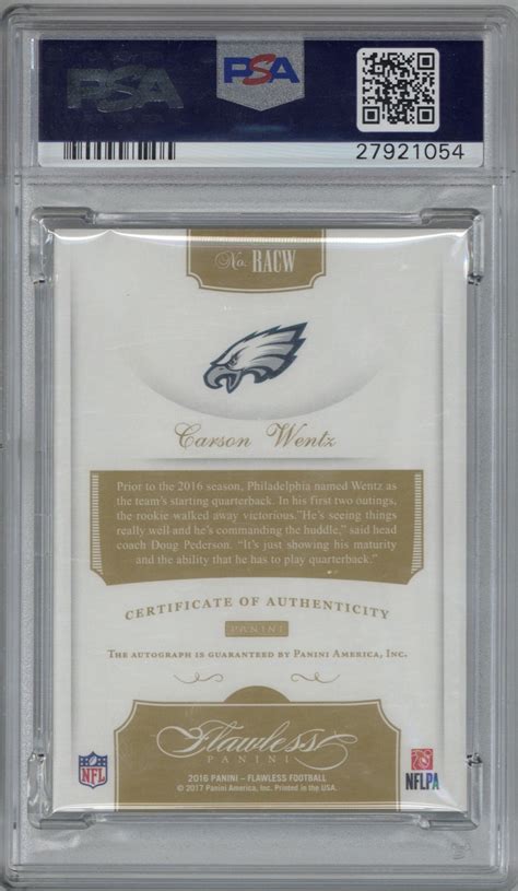 Check spelling or type a new query. Lot Detail - Carson Wentz Signed 2016 Panini Flawless L.E. Rookie Card - PSA MINT 9 w/ 10 Auto!