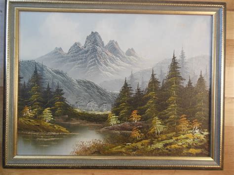 Mountain River And Forest Landscape Oil Painting Signed