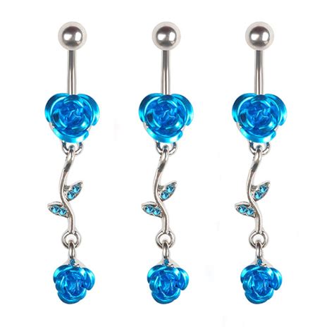 1pc New Blue Rose Dangle Belly Button Rings Surgical Steel Women Sexy Navel Piercing Jewelry