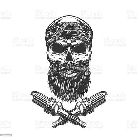 Vintage Bearded And Mustached Biker Skull Stock Illustration Download