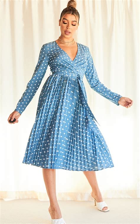 Blue Polka Dot Long Sleeve Pleated Midi Dress Prettylittlething Usa