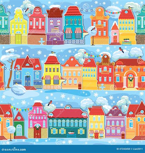 Seamless Pattern With Decorative Colorful Houses In Winter Time Stock