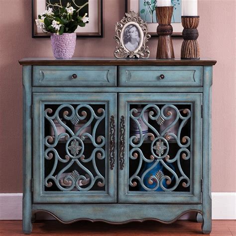 Farmhouse Distressed Blue 2 Door Accent Cabinet With Drawers And Storage
