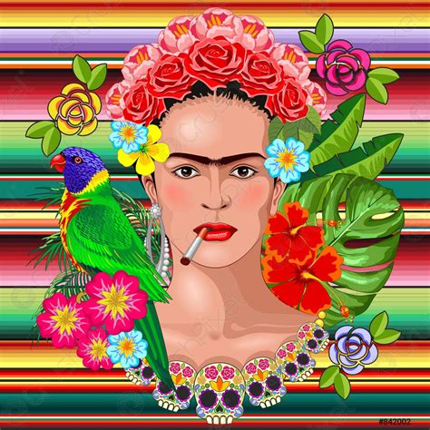Frida Kahlo Floral Exotic Portrait On Mexican Fabric Textile Motif