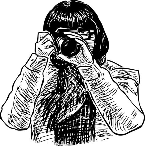 Freehand Drawing Of Girl Photographer Taking Picture On Her Camera