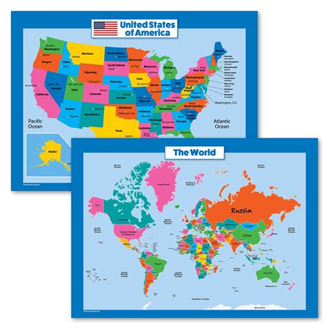 World Map And Usa Map For Kids 2 Poster Set Laminated Wall Chart