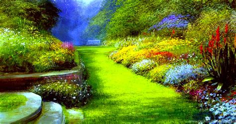 A Park With Many Greenery And Flowers 5120x2880 Desktop Background