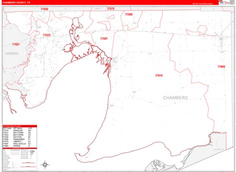 Chambers County Tx Zip Code Wall Map Red Line Style By Marketmaps