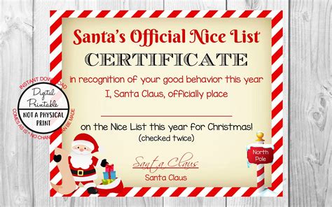 Santa Nice List Certificate Printable Instant Download Dear Etsy