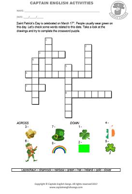 Click here to download a pdf version with solution, and here for an interactive web version which should work on. Worksheets Saint Patrick's Day | Captain English
