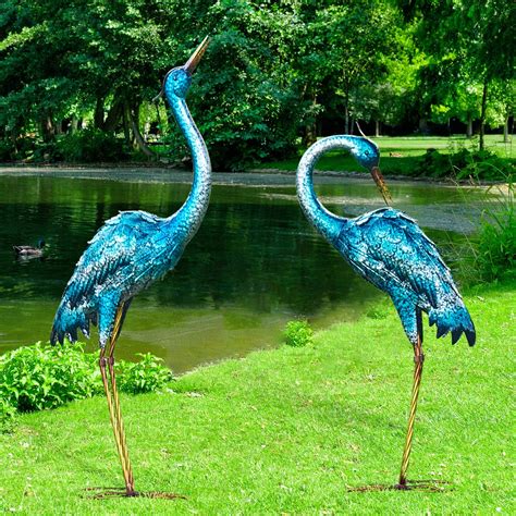 Buy Kircust Garden Sculpture Statues Blue Heron Lawn Ornaments Standing Metal Crane Yard Art