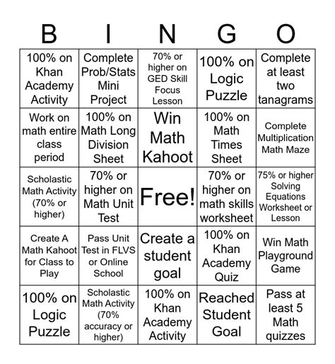 Math Activities Bingo Card