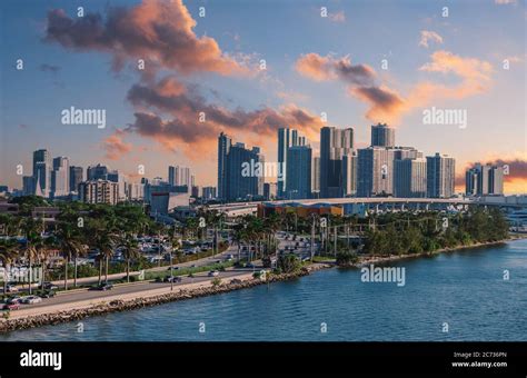 Causeway And Skyline Of Miami At Dusk Stock Photo Alamy