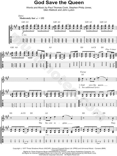 Sex Pistols God Save The Queen Guitar Tab In A Major Download And Print Sku Mn0085216