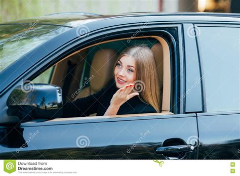 Girl Drive Car And Look From Window Stock Image Image Of Happy