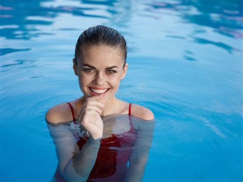 Cheerful Woman Swimming In The Pool Luxury Travel Nature Stock Image Image Of Summer Relax